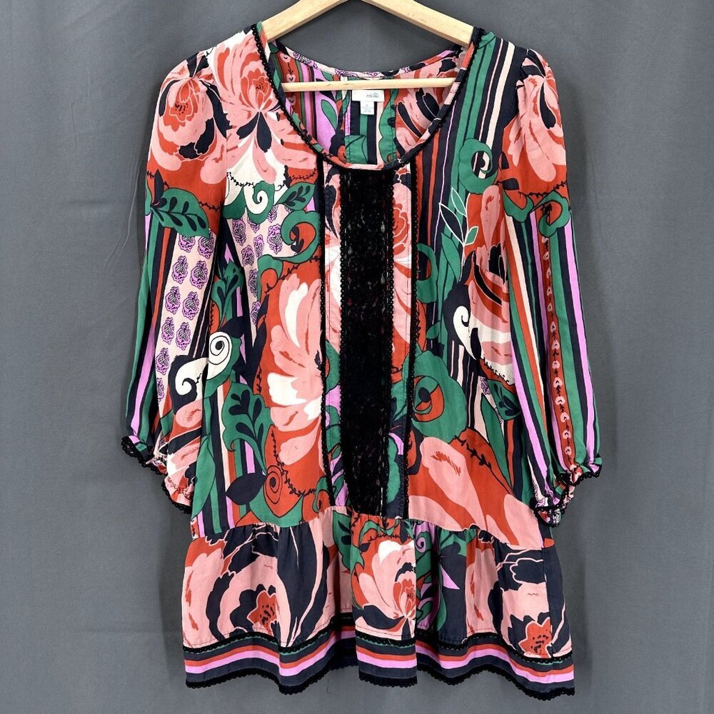 Anthropologie Odille Tunic Shirt Womens 4 100% Silk Lace Ruffle Hem Boho‎ Blouse